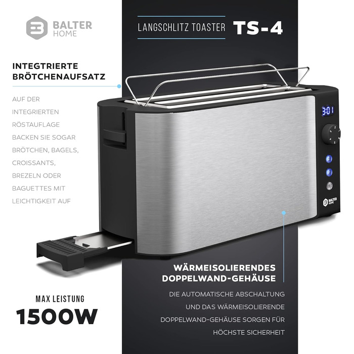 Тостер Balter TS-04-LCD на 4 тости, довга щілина, нержавіюча сталь, підставка для булочок, LCD-дисплей з таймером, функція розморожування, центрування хліба, піддон для крихт, колір сріблястий