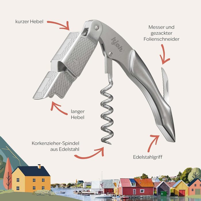 Premium Waiter's Knife Stainless Steel Solid and Brushed with Bottle Opener - Professional Sommelier Knife Wine Opener - Elegant Waiter's Utensil with Corkscrew, Bottle Opener for Wine Bottles