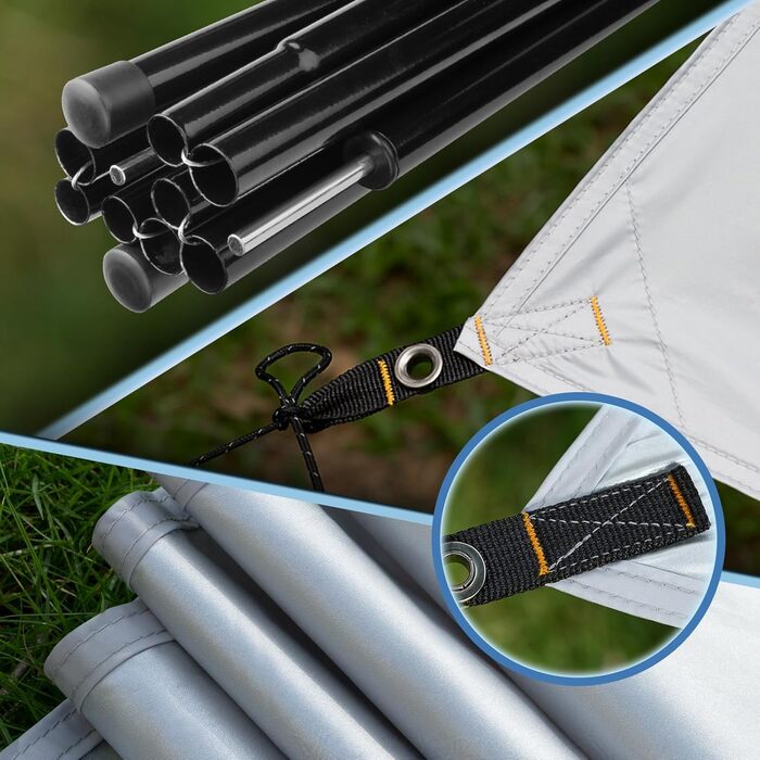 Тент Forceatt Zeltplane 3.7x4.3 м: ультралегкий, водонепроникний, з 6 кріпильними точками. Підходить для кемпінгу, піших прогулянок та відпочинку на природі. Колір: темно-синій & сірий.