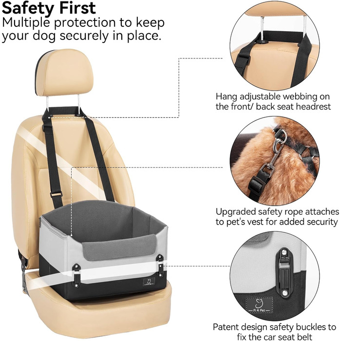 Автокрісло для собак, сіре, для маленьких собак, з кріпленням на ремінь, складна, пральна