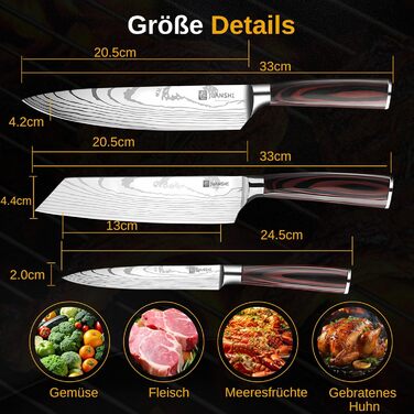 Набір кухонних ножів JUANSHI® 3 шт. з нержавіючої сталі: кухарський, кіріцуке та універсальний