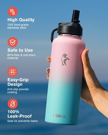 Термопляшка Coolflask 2л з соломинкою та 3 кришками, нержавіюча сталь, для спорту та офісу, герметична (Bubble Gum)