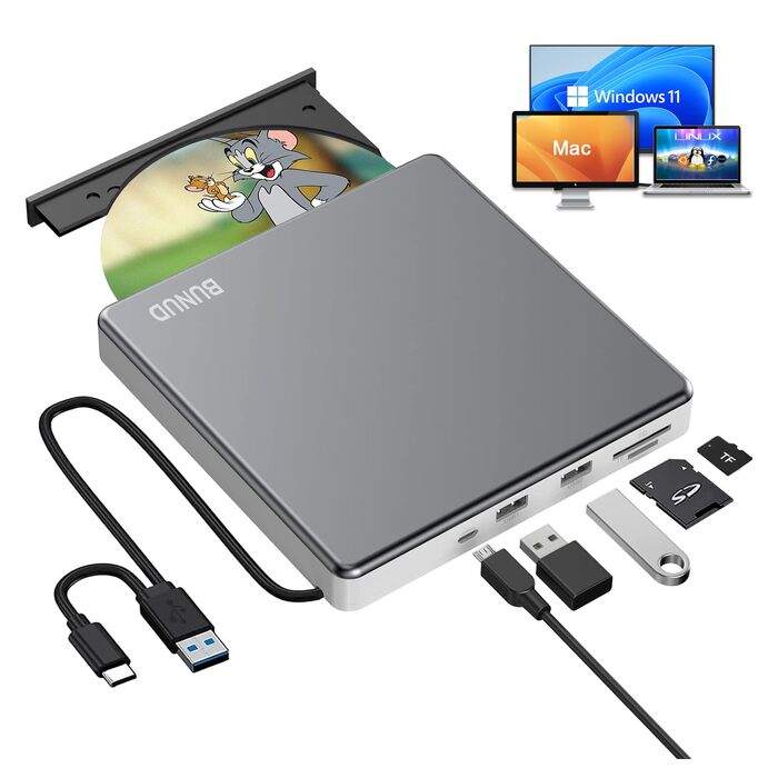Зовнішній CD/DVD привід BUNUD для ноутбука та ПК: USB-C DVD-брунер з картридером SD/TF та 2 USB-портами для Windows 11, Mac, MacBook