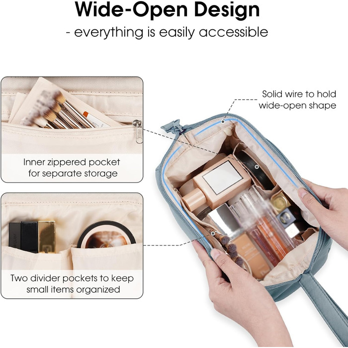 Косметичка для жінок Narwey: дорожня, велика, з широким відкриванням (сіро-блакитний)