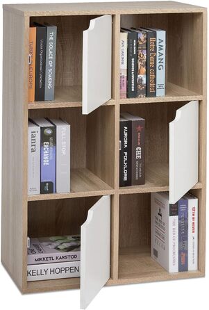 Багатоярусна книжкова полиця з дерева, шафа для зберігання книг і DVD, 6 відділень з 3 дверцятами, біла з дерев'яними вставками