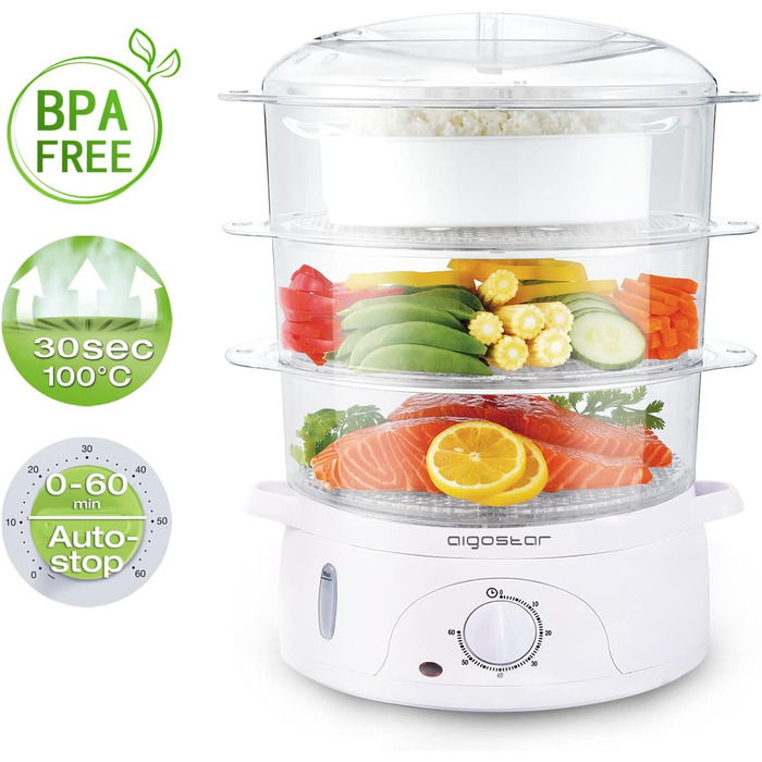 Пароварка Aigostar Fitfoodie 30CFO, 9 л, 800 Вт, 3 яруси, BPA Free, з таймером