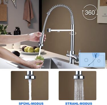 3-х шляхова кухонна змішувач з поворотним виливом 360°, 2 функції (душ, аератор), 3-в-1, з фільтром, з міді та нержавіючої сталі, з гнучкою насадкою для душу, хром