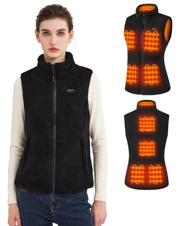 Тепла електрична жилетка для жінок з акумулятором 16000mAh, Sherpa, флісова жилетка для активного відпочинку та катання на лижах, чорна