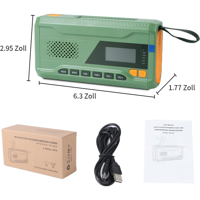 Радіо Alika для надзвичайних ситуацій: радіо з ручним приводом, FM/DAB+/DAB, сонячне, з Powerbank 4000mAh, зарядкою для телефону, USB, SOS-сигналом, ліхтарик (3 режими), для відпочинку на природі, кемпінгу (армійний колір)