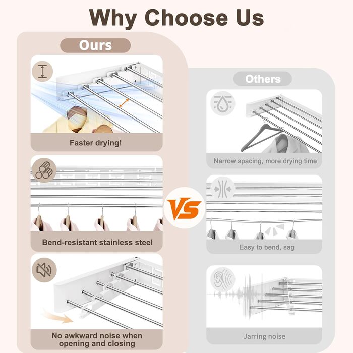 Настінна розкладна сушарка для білизни, компактна сушарка для рушників, висувна (6 трубок, білий, 100 см)