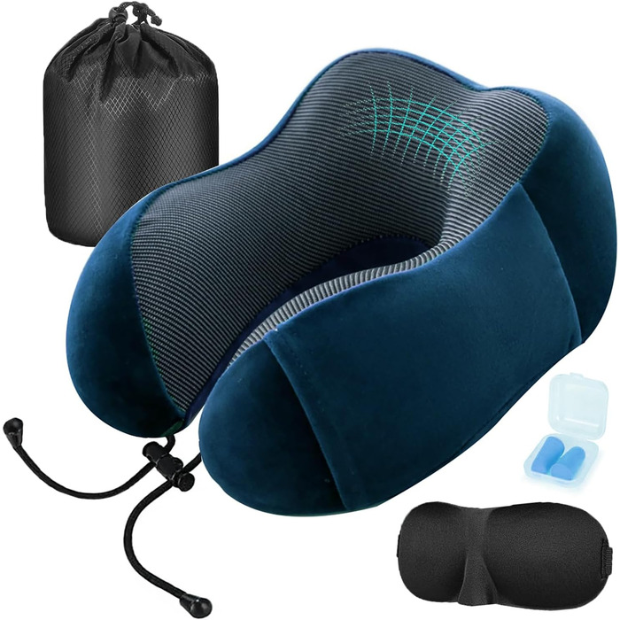 Подушка для шиї MASMAS з Memory Foam, ортопедична, для подорожей (синій комплект)