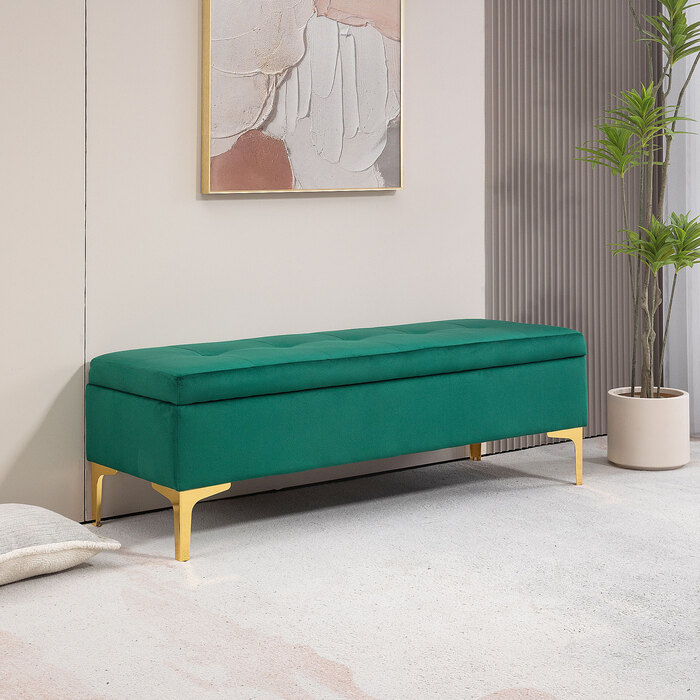 HOMCOM Storage Bench, Upholstered Bench with Velvet Look 120x44x44.5 cm, Metal Legs, Bed Bench for Living Room Bedroom Hallway, green