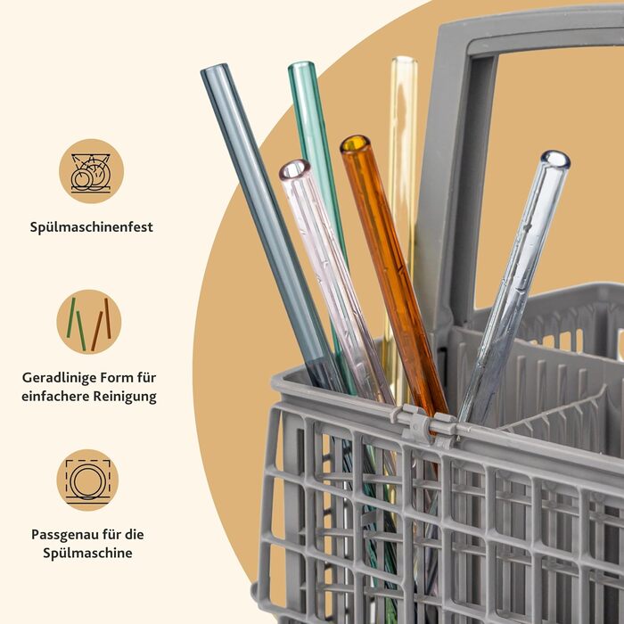 Singer | 6-Piece Glass Straws, Drinking Straws for Glasses, Reusable Straws for Cocktails, Juice & Water, Dishwasher-Safe Glass Straw, Colorful Glass Drinking Straw | 20 cm long