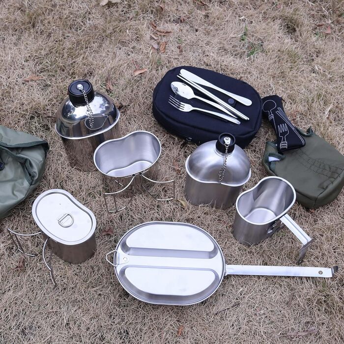 Goetland Stainless Steel US Military Field Bottle Set 1.2l with 0.6l Cup Nylon Bag Water Bottle Cooking Pot Camping Cup (1 Liter with 0.5 Liter)
