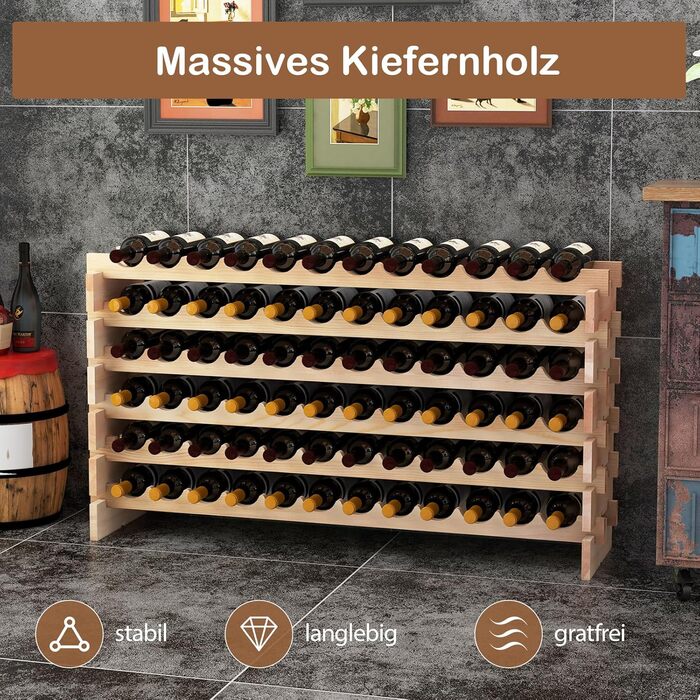 GIANTEX Stackable Wine Rack, Wooden Bottle Rack for 72 Bottles, Wine Cabinet Wine Stand with 6 Tiers, Modular Bottle Holder for Kitchen Bar, Wooden Shelf 119 x 29 x 72 cm, Natural Wood Color