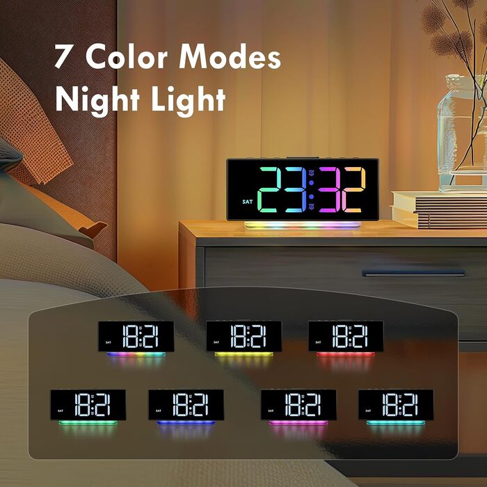 Цифровий LED будильник з RGB підсвіткою (7 кольорів), мережевий будильник з 2 сигналами, функцією Snooze, регулюванням гучності та яскравості, формат 12/24г, багатоколірний