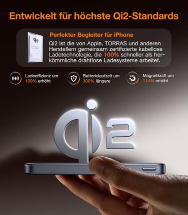 Портативний зарядний пристрій TORRAS MiniMag Qi2 з MagSafe, 10000mAh, сертифікований Qi2, магнітний, з кабелем USB-C 30W, бездротовий зарядний пристрій 15W для iPhone 17 Pro Max/Air/12-16, AirPods, сірий, титан