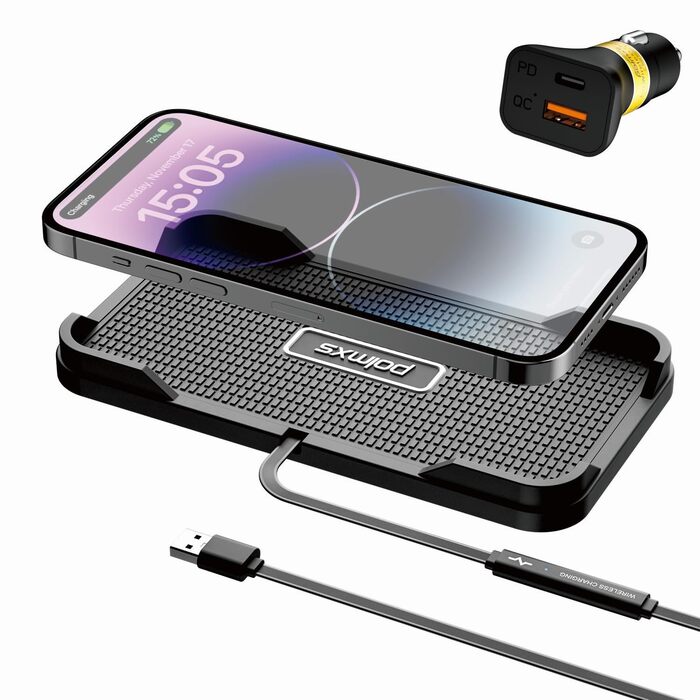 Бездротовий зарядний пристрій для авто Polmxs 15W з антиковзким килимком та USB-A адаптером 40W для iPhone/Samsung