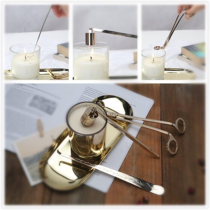 LUTAVOY Candle Accessory Set, Wick, Trimmer, Wick Dipper, Candle Snuffer, Storage Tray, 4 Pack Candle Care Set, Gift for Candle Lovers (CAG1 – Gold)