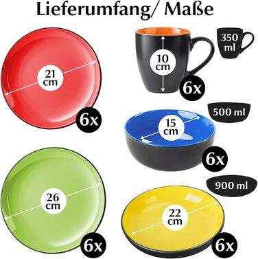 MIAMIO Набір посуду на 6 осіб / Столовий сервіс з 30 предметів (тарілки, миски, чашки, супові тарілки) - Колекція Le Papillon (Кольоровий, 30 предметів)
