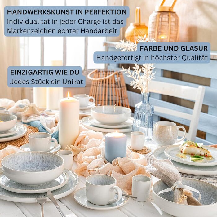 SÄNGER | Santorini Tableware Set, 24-Piece, Dinnerware Set for 8 People, Stoneware Dinner Set, Tableware Service including Dinner Plates, Dessert Plates & Deep Plates, Cream-Colored Dishware with Lavender Blue Gradient, Santorini Tableware Set 24-Piece.