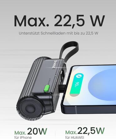 Power Bank SHARGE Flow Mini 2 22.5W: Компактний акумулятор з інтегрованим кабелем для iPhone та Galaxy, USB-C та Lightning