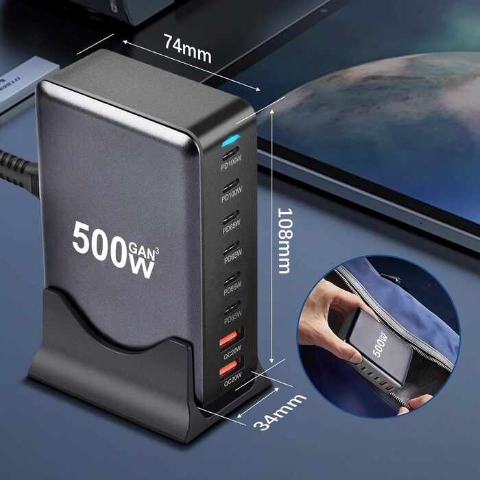 Зарядний пристрій USB C 500W, 8 портів: швидка зарядка USB-C/USB-A, PD PPS 100W для MacBook, iPad, Samsung та інших пристроїв