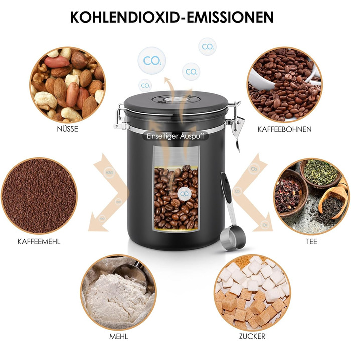 Герметичний контейнер для кави з нержавіючої сталі, 2.8 л, з CO2-клапаном, мірною ложкою та індикатором дати (для кави, горіхів, чаю, какао)