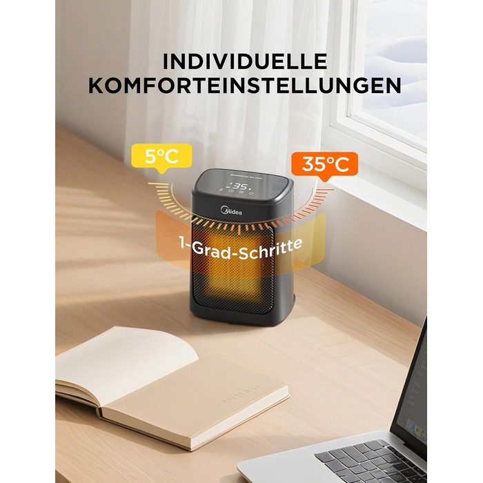 Електричний обігрівач Midea Ceramic 2000W з термостатом, 3 режими, таймер 24г, захист від перегріву та перекидання, миттєве тепло для офісу та спальні, 22 см, чорний