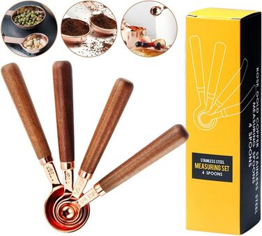 Ldawy Measuring Spoons Measuring Cups Stainless Steel Measuring Spoons 4-Piece Precision Kitchen Measuring Tool with Walnut Handle for Baking (Rose Gold)