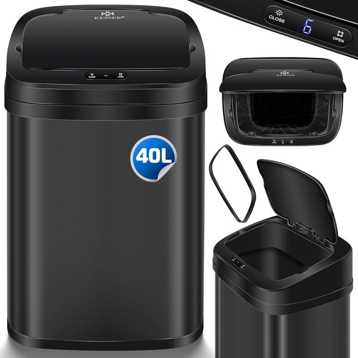 Відро для сміття KESSER® Sensor 40 л з автоматичним відкриванням, сенсором руху, м'яким закриванням кришки та LCD-дисплеєм. Нержавіюча сталь, з тримачем для мішка.