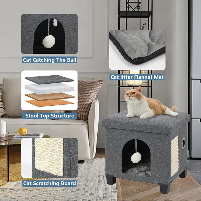BRIAN & DANY Foldable Cat Cave - Large Cats, Cat House Cave for Cats with Scratch Board and Play Ball, Storage Bench Seat Stool Footstool with Wooden Feet, 37.5 x 32.5 x 36 cm, Grey