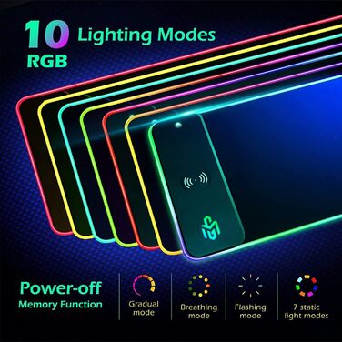 Ігрова підставка під мишу GIM з бездротовим зарядним пристроєм 10W, RGB підсвітка (10 режимів), протиковзаюча гумова основа, товщина 4мм для iPhone та Samsung Galaxy