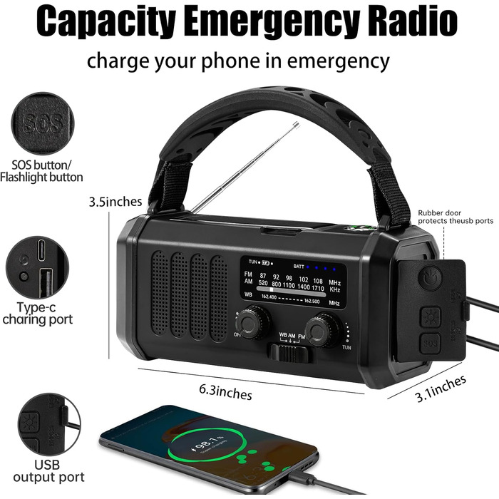Радіоприймач аварійний QAUYYW з сонячною та ручною зарядкою, 20000 mAh, AM/FM/NOAA/SW, ліхтарик, SOS-сигнал, зарядний пристрій для телефону