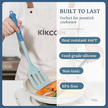 Набір кухонних аксесуарів Kikcoin 43 шт. – Силіконовий набір кухонних інструментів, безпечний для миття в посудомийній машині, лопатки для антипригарного посуду, стійкий до 230°C, кухонні помічники з підставкою, без BPA, колір: авокадо (блакитний)