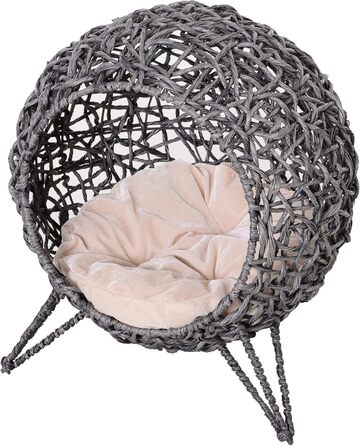 PawHut Rattan Cat House with Cushion, Cat Sleeping Place, Cat Cave with Raised Feet, Natural Ø52 x 58 cm (Silver Grey)