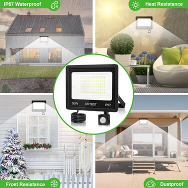 LED прожектор з датчиком руху для вулиці, 50Вт, 5000Лм, IP67, 7000K холодне біле світло, надяскравий, для саду, гаража, подвір'я (2 шт)