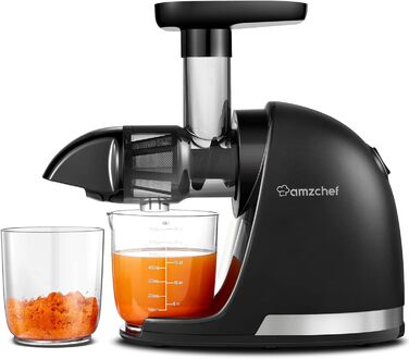 AMZCHEF Juicer for Vegetables and Fruits - Test Winner - Slow Juicer with Reverse-Masticating Function - Gentle Crushing Without Filtering - Electric Juice Press with Brush and 2 Cups - Matte Black