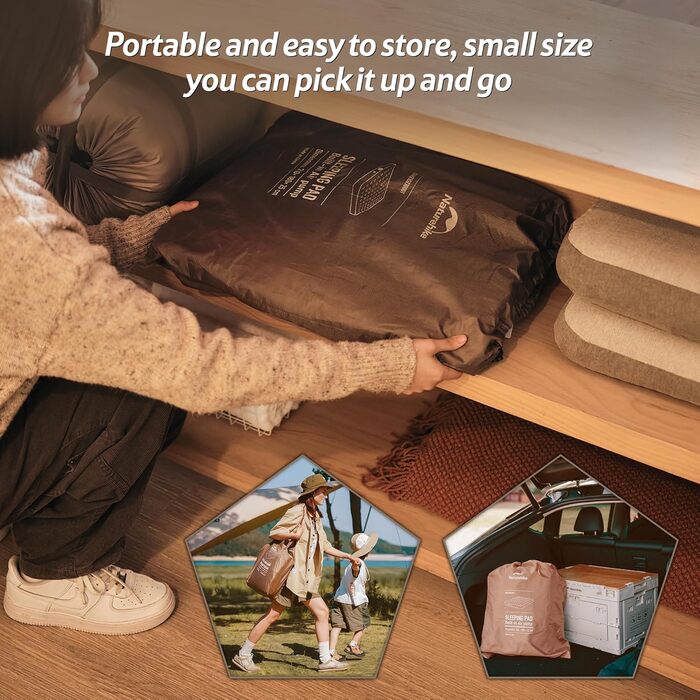 Надувний матрац Naturehike для кемпінгу та дому (190x100x45 см), самонадувний, з акумуляторним насосом, для 1 особи, коричневий