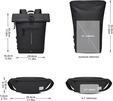 Чорний рюкзак YTL Rolltop з відділенням для ноутбука 17 дюймів. Ідеальний для подорожей, школи, університету, велопоїздок.