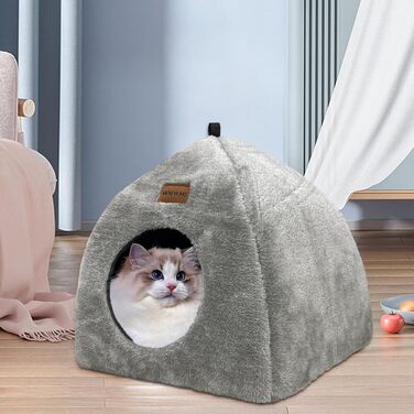 Кішка-будиночок для дому: затишна печера з м'яким, пральним подушками. Зручне, складне ліжко-будиночок для котів, 40x40x35 см (L:45x45x41 см, сірий)