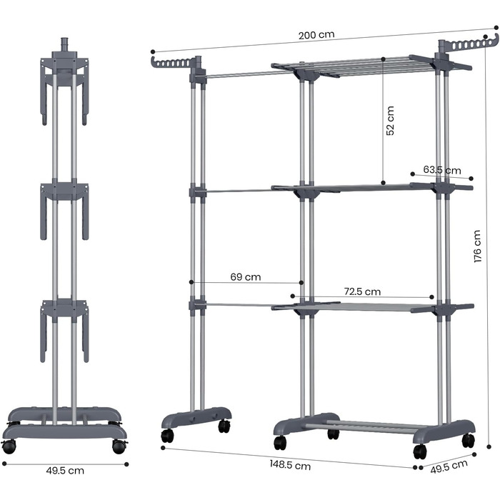 Сушарка для білизни Oak & Tea Tower, 83-200 см, з висувними крилами, XXL, 4 яруси, на коліщатках, для дому та вулиці, сіра