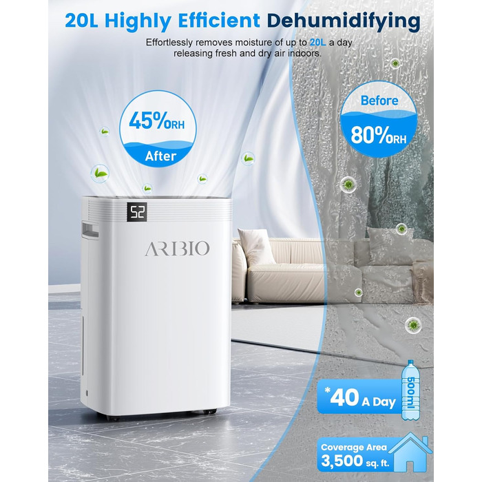 Електричний осушувач повітря 20л/день, потужний, з LED-дисплеєм, для сушіння білизни, з гофрованим шлангом, таймером та авторозморожуванням, для квартир, ванних кімнат, підвалів (20L-D)