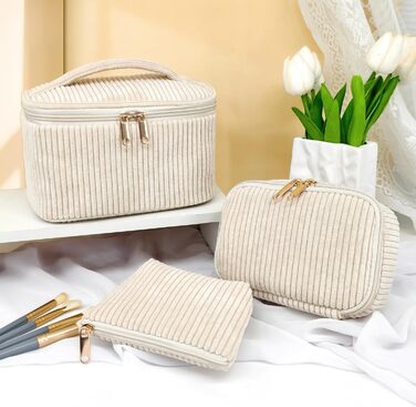 Набір косметичок для жінок: 3 шт. - для макіяжу, подорожей, повсякденного використання. Колір: бежевий