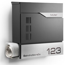 Поштовий ящик Oslo Anthrazit RAL7016 з газетницею та гравіюванням: індивідуальний дизайн, нержавіюча сталь, стійкість до УФ-випромінювання