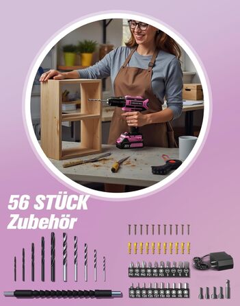 Акумуляторний шурупокрут-дрель 20V, 56 шт. у наборі, 42Nm, LED-підсвітка, рожевий, для дому та майстерні