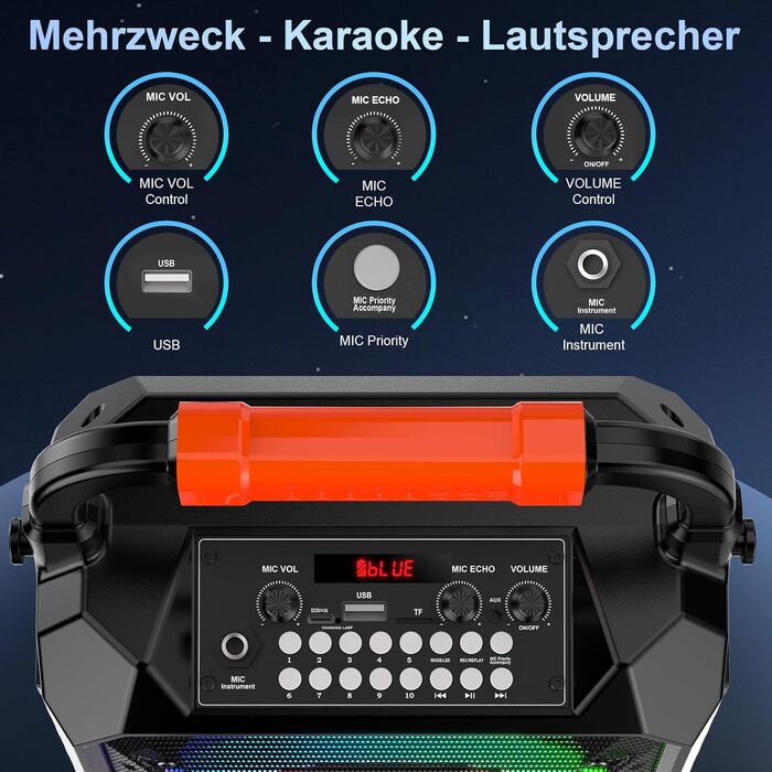 Караоке машина JYX з 2 бездротовими мікрофонами, портативна Bluetooth колонка з RGB-підсвіткою, караоке система для дому, вечірки, PA-система для дорослих, Partybox чорного кольору