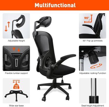 Ергономічне крісло для офісу HANGHAIGO, чорне, з підголівником, підлокітниками та підтримкою попереку, регулювання висоти, функція гойдання 90°-120°, максимальне навантаження 150 кг