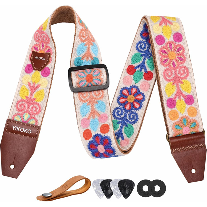 Гітарний ремінь 5,1 см з бавовни з шкіряними кінцями для бас, електро- та акустичних гітар (Квіткова візерунок 01)