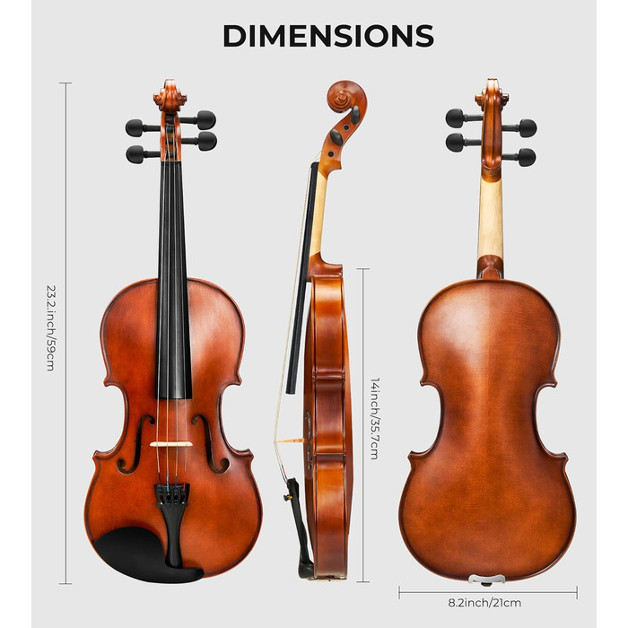 Скрипка Vangoa 4/4 з масиву дерева, набір для початківців, акустична, з кейсом, підставкою, смолою, струнами, інструкцією, демпфером, наклейками для нот, для дорослих, дітей та підлітків